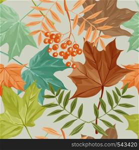 seamless pattern with brown, yellow, blue, green autumn leaves Colorful leaf of maple, aspen and rowan with berries