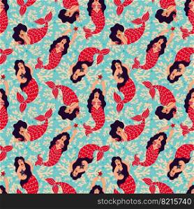 Seamless pattern with brunette mermaids and corals on a blue background.Seamless background with mermaids. Vector illustration. Seamless pattern with brunette mermaids and corals on a blue background 