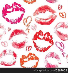 Seamless pattern with brush strokes and scribbles in heart shapes, lips prints and words KISS YOU - Valentines Day Background.