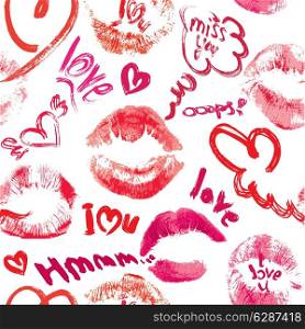 Seamless pattern with brush strokes and scribbles in heart shapes, lips prints and words LOVE, I LOVE YOU - Valentines Day Background.