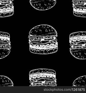 Seamless pattern with burgers. Design element for poster, card, banner, clothes decoration. Vector illustration