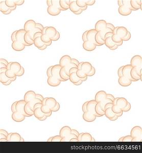 Seamless pattern with bushy pink clouds, endless texture isolated on white background. Natural sky objects in cartoon style vector. Seamless Pattern with Bushy Pink Clouds, Vector