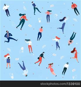 Seamless Pattern with Business People Walking, Standing, Running, Posing. Office Clerks, Managers, Male Female Coworkers and Colleagues on Color Backdrop. Vector Flat Cartoon Illustration. Seamless Pattern with Business People Walking