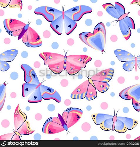 Seamless pattern with butterflies and moths on white background.
