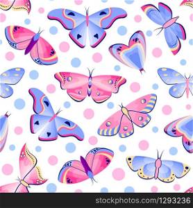 Seamless pattern with butterflies and moths on white background.