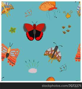 Seamless pattern with butterflies on blue background. Endless texture for design, clothing, postcards, posters. Vector. Endless design with colourful butterflies.