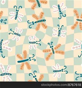 Seamless pattern with butterflies on checkered background. Perfect print for tee, stationery, textile and fabric. Animalistic vector illustration for decor and design.