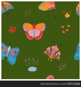 Seamless pattern with butterflies on green background. Endless texture for design, clothing, postcards, posters. Vector. Endless design with colourful butterflies.