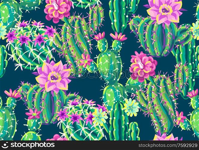 Seamless pattern with cacti and flowers. Decorative spiky flowering cactuses in hand drawn style.. Seamless pattern with cacti and flowers.