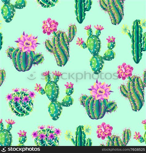 Seamless pattern with cacti and flowers. Decorative spiky flowering cactuses in hand drawn style.. Seamless pattern with cacti and flowers.