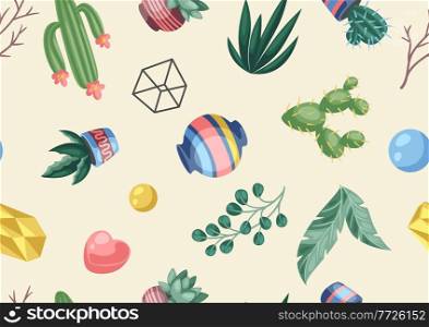 Seamless pattern with cactuses and succulents. Decorative spiky flowering cacti and plants in flowerpots. Home craft decoration.. Seamless pattern with cactuses and succulents. Decorative spiky flowering cacti and plants in flowerpots.