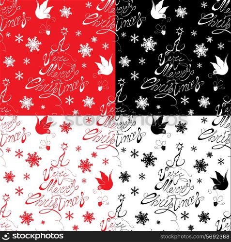 Seamless pattern with calligraphic text A Very Merry Christmas, snowflakes and xmas symbols for winter and xmas theme in red, black and white colors. Ready to use as swatch
