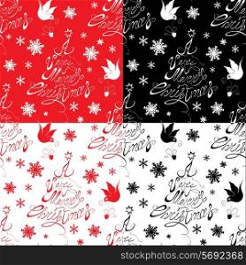 Seamless pattern with calligraphic text A Very Merry Christmas, snowflakes and xmas symbols for winter and xmas theme in red, black and white colors. Ready to use as swatch