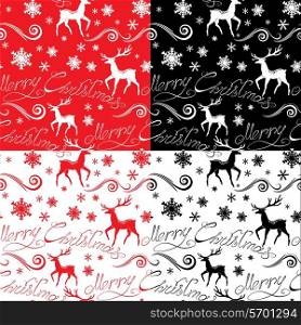 Seamless pattern with calligraphic text Merry Christmas, snowflakes and xmas symbols for winter and xmas theme in red, black and white colors. Ready to use as swatch