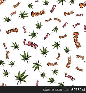 Seamless pattern with cannabis leaf ,peace, love. Hand drawn, white background,vector illustration. Seamless pattern with cannabis leaf ,peace, love