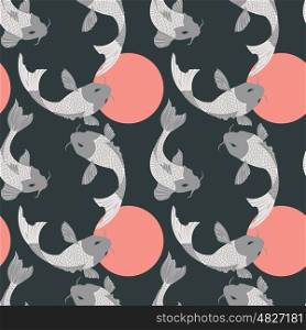 Seamless pattern with carp koi fish and sun, traditional japanese art, vector illustration