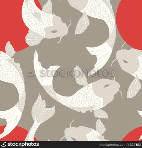 Seamless pattern with carp koi fish and sun, traditional japanese art, vector illustration