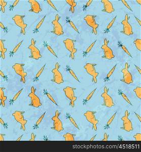 Seamless Pattern With Carrot And Bunny On A Blue Grunge Background