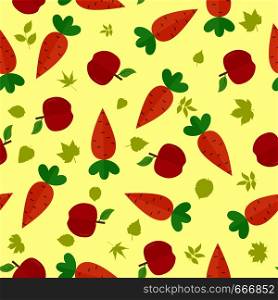 Seamless pattern with carrot fruits, apples and leaves. Ideal for textiles, packaging, paper printing, simple backgrounds and textures.