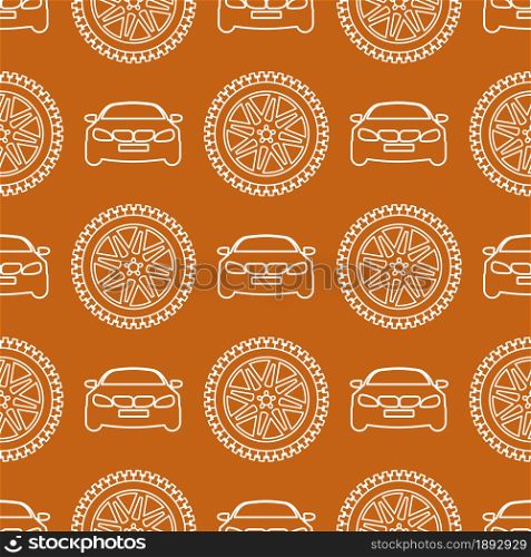 Seamless pattern with cars and wheels. Automotive background. Transport backdrop.