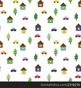 Seamless pattern with cars, trees and houses. Multicolored seamless patterns for creating wrapping paper, wallpaper, boxes, baby clothes, curtains. Vector illustration. Seamless pattern with cars, trees and houses.
