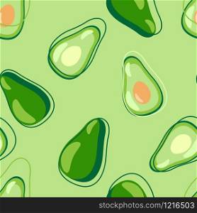 Seamless pattern with cartoon avocado on green background. Vegetarian healthy food backdrop. Organic texture. Vector illustration