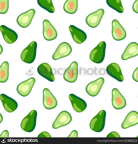 Seamless pattern with cartoon avocado on white background. Organic texture. Vegetarian healthy food backdrop. Vector illustration. Seamless pattern with cartoon avocado on white background. Organic texture.