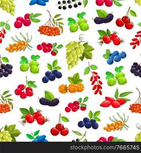 Seamless pattern with cartoon berries vector sea buckthorn, black chokeberry and cherry. Blueberry, hawthorn and lingonberry with bird cherry, honeysuckle and viburnum. Grape, gooseberry and rose hip. Seamless pattern with cartoon berries vector.