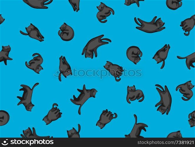 Seamless pattern with cartoon black cats. Cute pets stylized background.. Seamless pattern with cartoon black cats.
