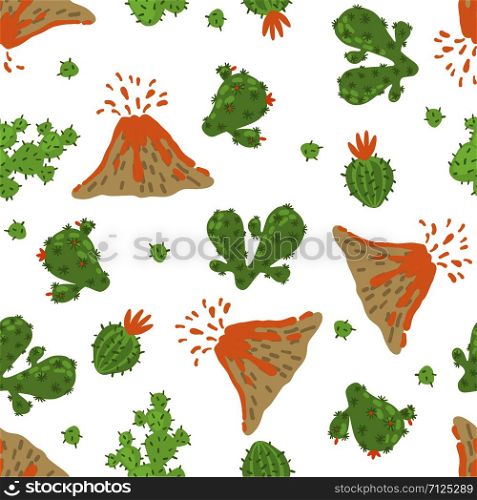 Seamless pattern with cartoon cactus and volcano isolated on white background. Creative childish texture. Design element for textile, fabric, wallpaper, scrapbooking. Vector illustration.. Seamless pattern with cactus isolated on white.