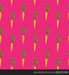 Seamless pattern with cartoon carrots, one element illustration repeated over a vibrant magenta background