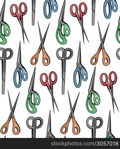 Seamless pattern with cartoon color scissors on white background. Secateurs and nippers. Sewing, gardening and hairdressing scissors. Vector texture for wallpaper, fabrics and your design.. Seamless pattern with cartoon color scissors on white background. Secateurs and nippers. Sewing, gardening and hairdressing scissors. Vector texture