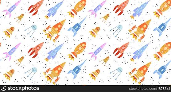 Seamless pattern with cartoon contour space ships and ufo flying diagonal up. Outline universe ships start up. Vector childish texture of space shuttle and satellites on white background.. Seamless pattern with cartoon contour space ships and ufo flying diagonal up. Outline universe ships start up. Vector childish texture of space shuttle and satellites