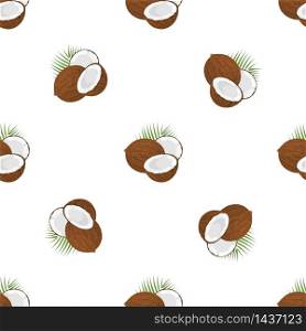 Seamless pattern with cartoon detailed brown exotic whole coconut, half and green leaf. Summer fruits for healthy lifestyle. Organic fruit. Vector illustration for any design. Seamless pattern with cartoon detailed brown exotic whole coconut, half and green leaf. Summer fruits for healthy lifestyle. Organic fruit. Vector illustration for any design.