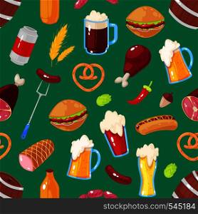 Seamless pattern with cartoon elements of beer festival on green background