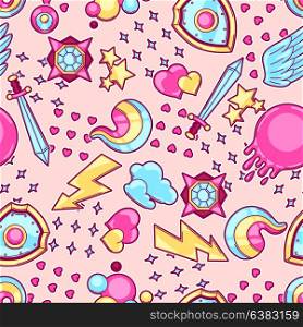 Seamless pattern with cartoon fantasy objects. Fashion symbols in comic style. Seamless pattern with cartoon fantasy objects. Fashion symbols in comic style.
