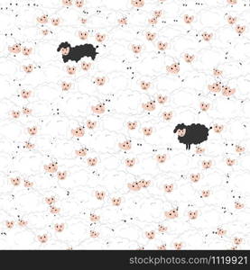 Seamless pattern with cartoon funny group of sheeps, decor elements. flat vector.Illustration hand drawing for kids. baby design for fabric, print,