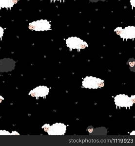 Seamless pattern with cartoon funny group of sheeps on black background, decor elements. flat vector.Illustration hand drawing for kids. baby design for fabric, print, wrapper, textile