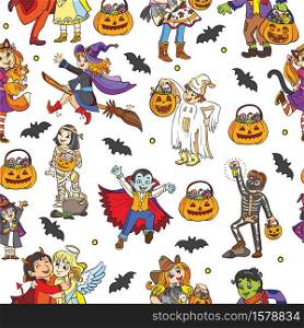 Seamless pattern with cartoon Halloween characters ghost, witch,vampire on white background. Vector illustration Halloween concept. For packaging paper, Wallpaper, decoration, textiles,design cushion.. Seamless pattern with characters and Halloween theme