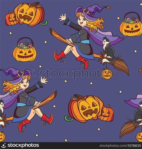 Seamless pattern with cartoon Halloween cute witch on broom and pumpkins on blue background. Vector illustration Halloween concept.For packaging paper, Wallpaper, decoration, textiles, design cushion.. Seamless pattern with witch and Halloween theme