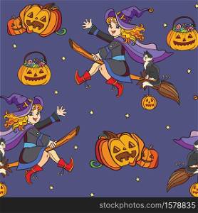 Seamless pattern with cartoon Halloween cute witch on broom and pumpkins on blue background. Vector illustration Halloween concept.For packaging paper, Wallpaper, decoration, textiles, design cushion.. Seamless pattern with witch and Halloween theme