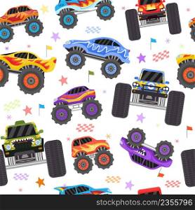 Seamless pattern with cartoon monster trucks for boy. Extreme racing heavy cars with big tires. Toys monster truck for cool kid vector print. Huge vehicles with colorful bright design for texture. Seamless pattern with cartoon monster trucks for boy. Extreme racing heavy cars with big tires. Toys monster truck for cool kid vector print