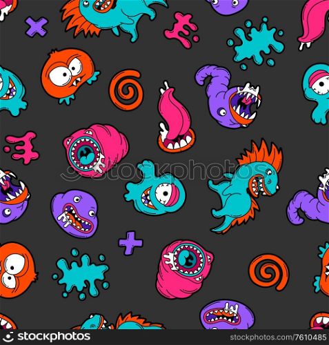 Seamless pattern with cartoon monsters. Urban colorful teenage creative background. Evil creatures in modern comic style.. Seamless pattern with cartoon monsters.
