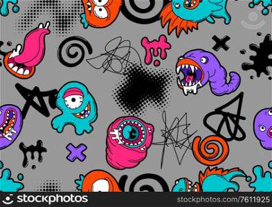Seamless pattern with cartoon monsters. Urban colorful teenage creative background. Evil creatures in modern comic style.. Seamless pattern with cartoon monsters.
