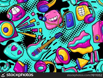 Seamless pattern with cartoon musical items. Music party colorful teenage creative background. Fashion symbol in modern comic style.. Seamless pattern with cartoon musical items.