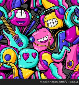 Seamless pattern with cartoon musical items. Music party colorful teenage creative background. Fashion symbol in modern comic style.. Seamless pattern with cartoon musical items.