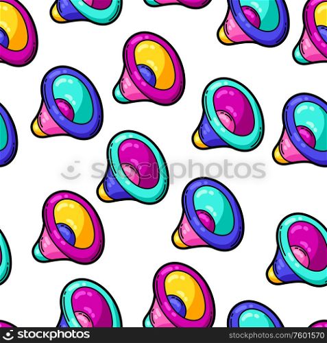 Seamless pattern with cartoon musical loudspeakers. Music party colorful teenage creative illustration. Fashion symbol in modern comic style.. Seamless pattern with cartoon musical loudspeakers.