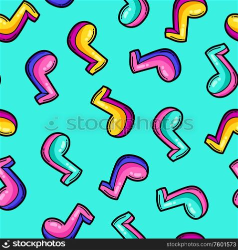 Seamless pattern with cartoon musical notes. Music party colorful teenage creative illustration. Fashion symbol in modern comic style.. Seamless pattern with cartoon musical notes.