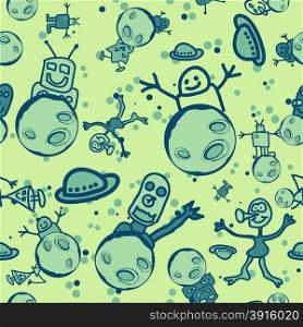 seamless pattern with cartoon robots and aliens
