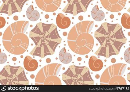 Seamless pattern with cartoon seashells with doodle ornament in beige tone. Flat texture with ocean inhabitants with boho ornaments and dots. Vector wallpaper with molluscs, shells and snails. Seamless pattern with cartoon seashells with doodle ornament in beige tone. Flat texture with ocean inhabitants with boho ornaments and dots. Vector wallpaper